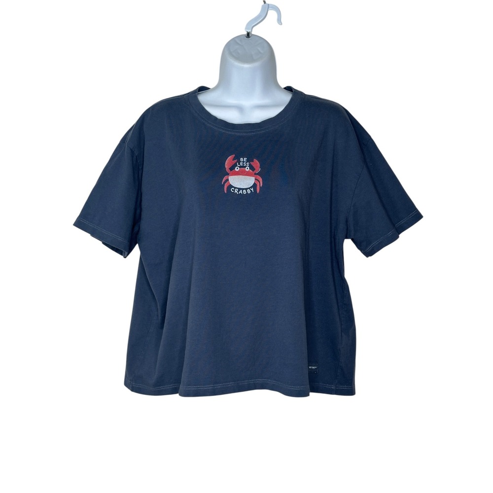 Life Is Good Crusher Tee Large Blue Be Less Crabby Boxy Cotton T-Shirt Crab